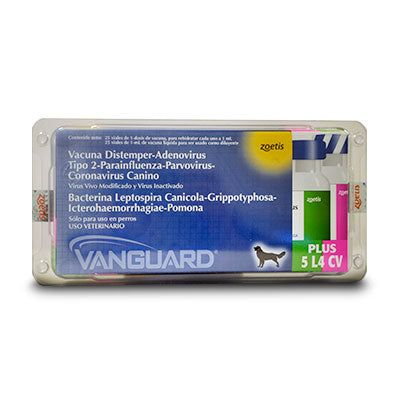 Vacuna Preventiva Vanguard plus 5 L4 | Distemper, Hepatitis, Adenovirus tipo 2, Parainfluenza, Parvovirosis, Coronavirosis y Leptospirosis.
