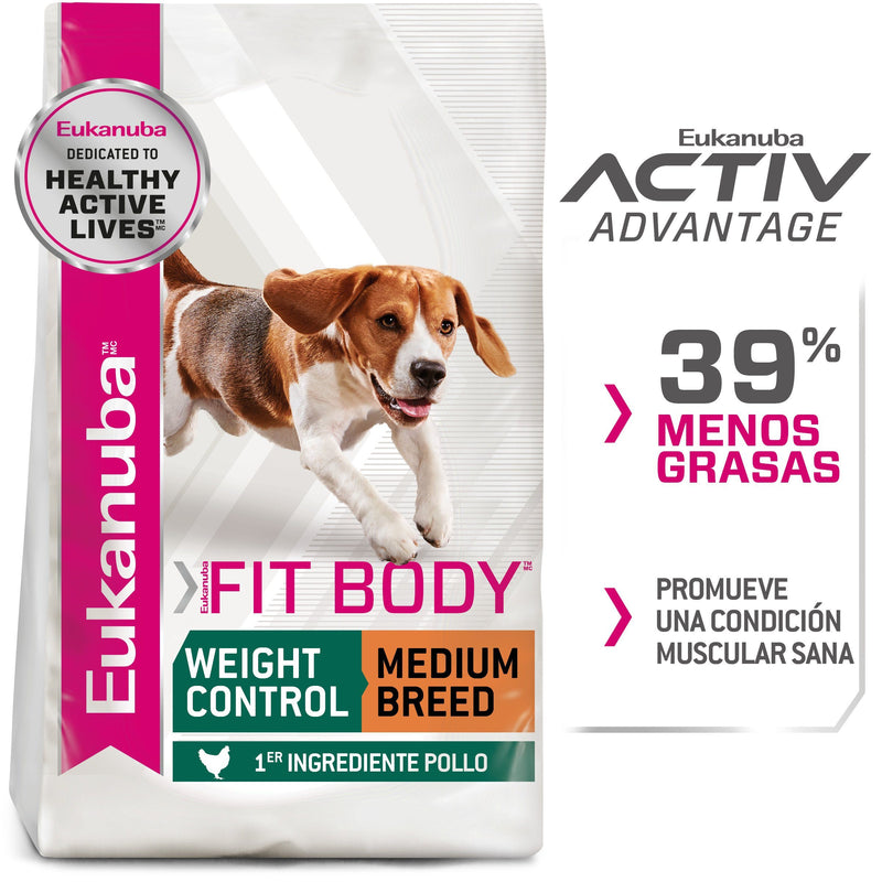 Bulto de Croquetas Perro Adulto Eukanuba Fit Body Razas Medianas 13.6kg | Alimento Seco Perros a domicilio CDMX | Disponible en Petzer.mx